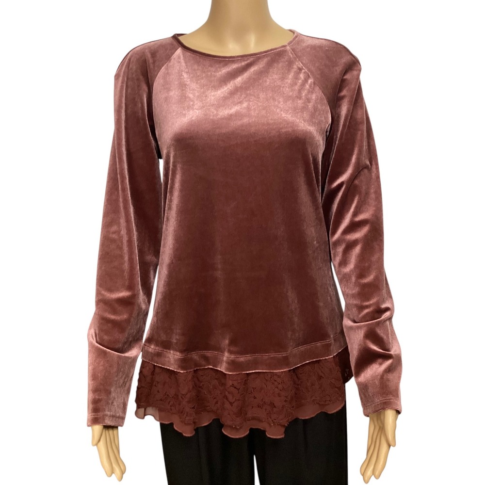 Sundance Women Mauve Velvet Lace Trim Chiffon Hem Long Sleeve Top Small